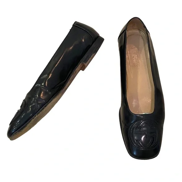 Gucci black flat pumps ballet square toe interlocking GG 8.5 leather